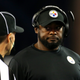 Head coach Mike Tomlin of the Pittsburgh Steelers speaks to an official in the first half against the New England Patriots at Gillette Stadium on Sept. 10, 2015, in Foxboro, Mass. (Jim Rogash/Getty Images)